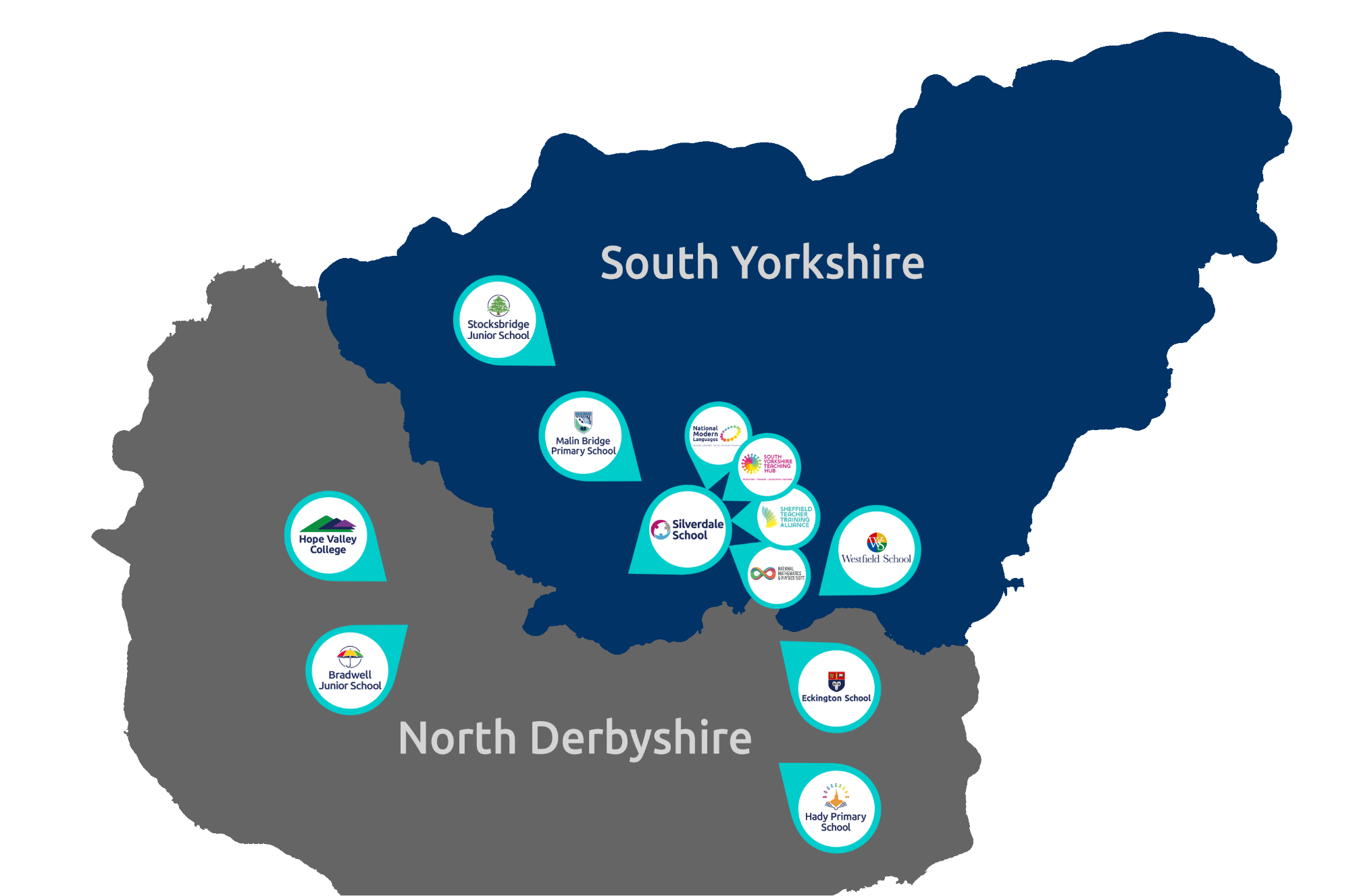 Map of South Yorkshire and North Derbyshire highlighting the locations of the Chorus Education Trust schools