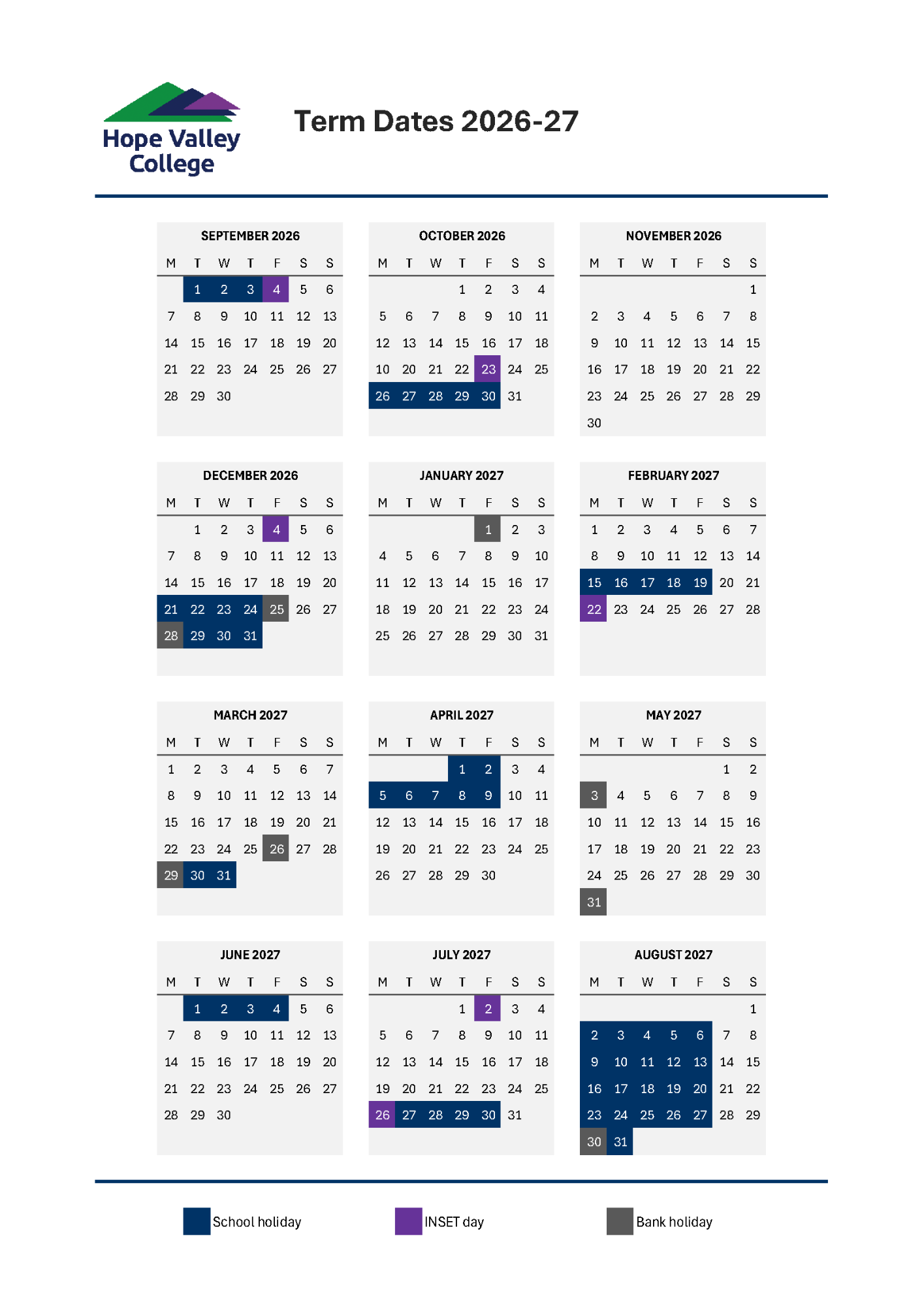 Term Date Calendar for 2026 to 2027